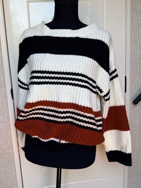 Striped Crewneck Sweater in White, Black & Brown